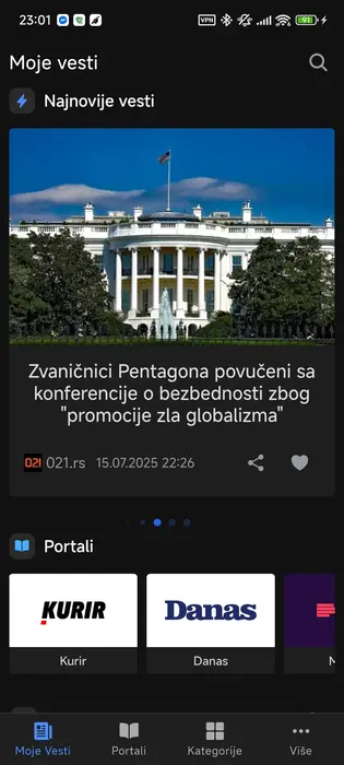 Najnovije Vesti Android aplikacija - pregled glavnog ekrana sa vestima iz Srbije, kategorijama i funkcionalnostima pretrage
